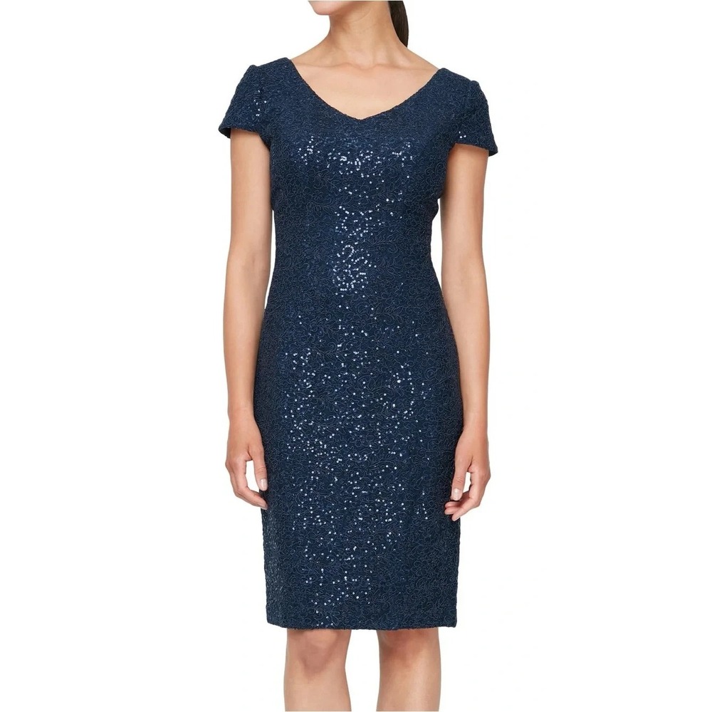 Alex Evenings L93317 Womens Navy Sequin Corded Lace Cocktail Dress Size 16